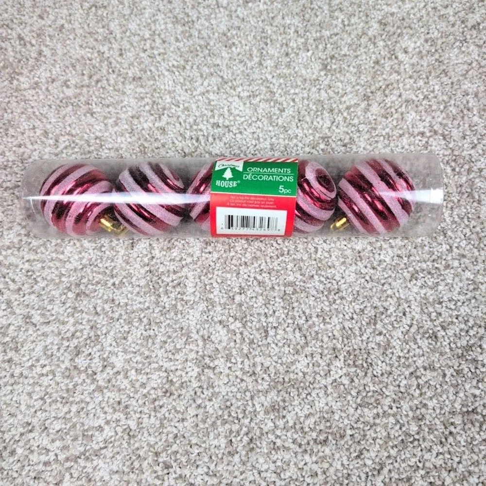 Christmas House 5pc‎ Swirl Glitter Bauble Ornaments Red Pink Gold String